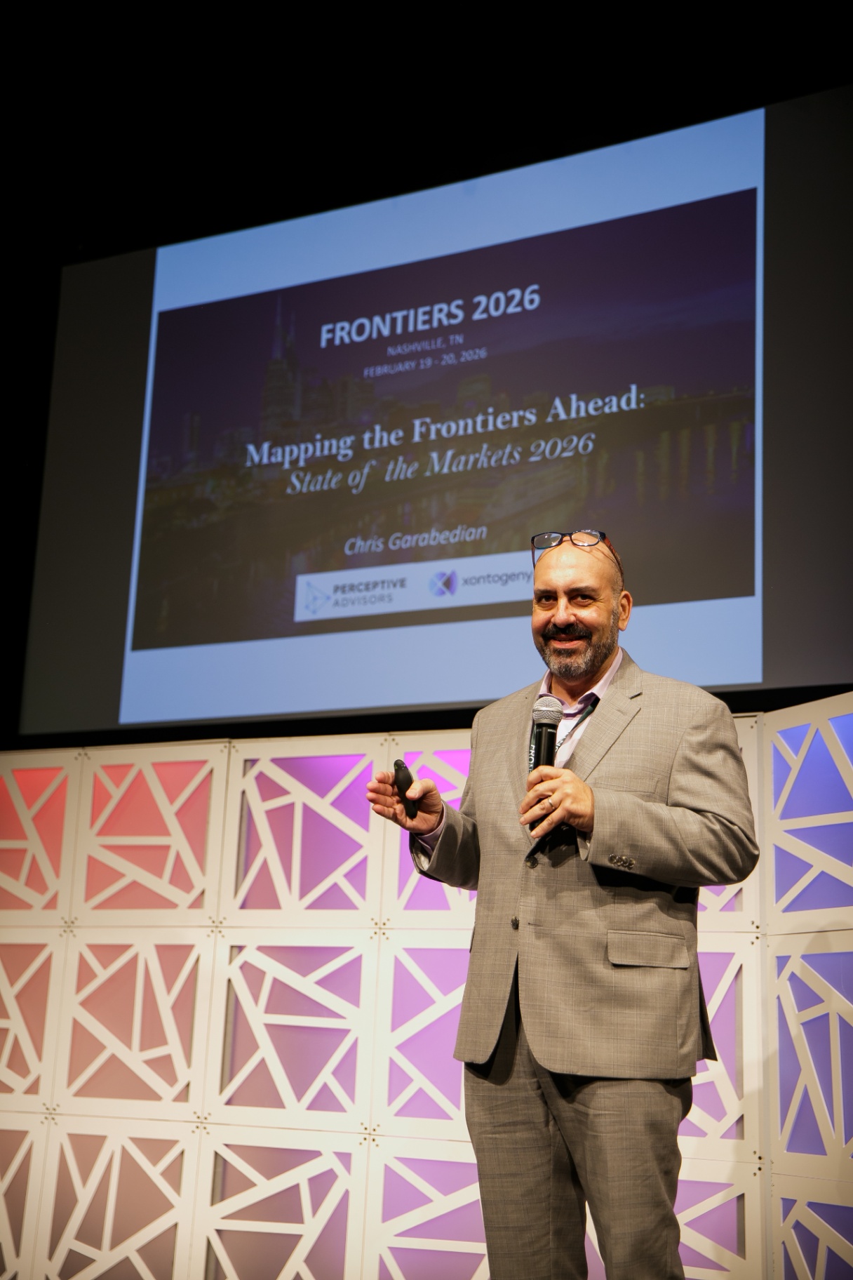 Chris Garabedian delivering the State of the Markets keynote at Frontiers 2026